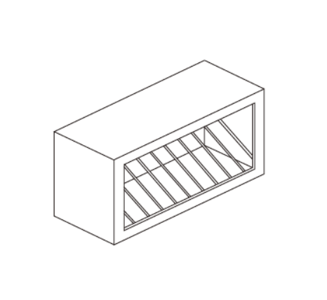 Isometric wireframe of a rectangular box with internal slanted dividers.